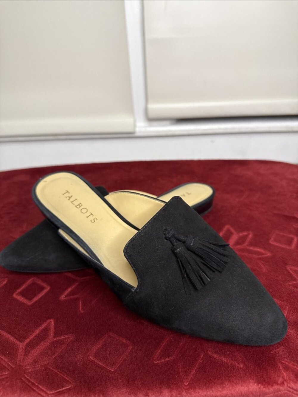 TALBOTS Black Suede Tassel Edison Flat Loafer Mule Slides Size 6.5M